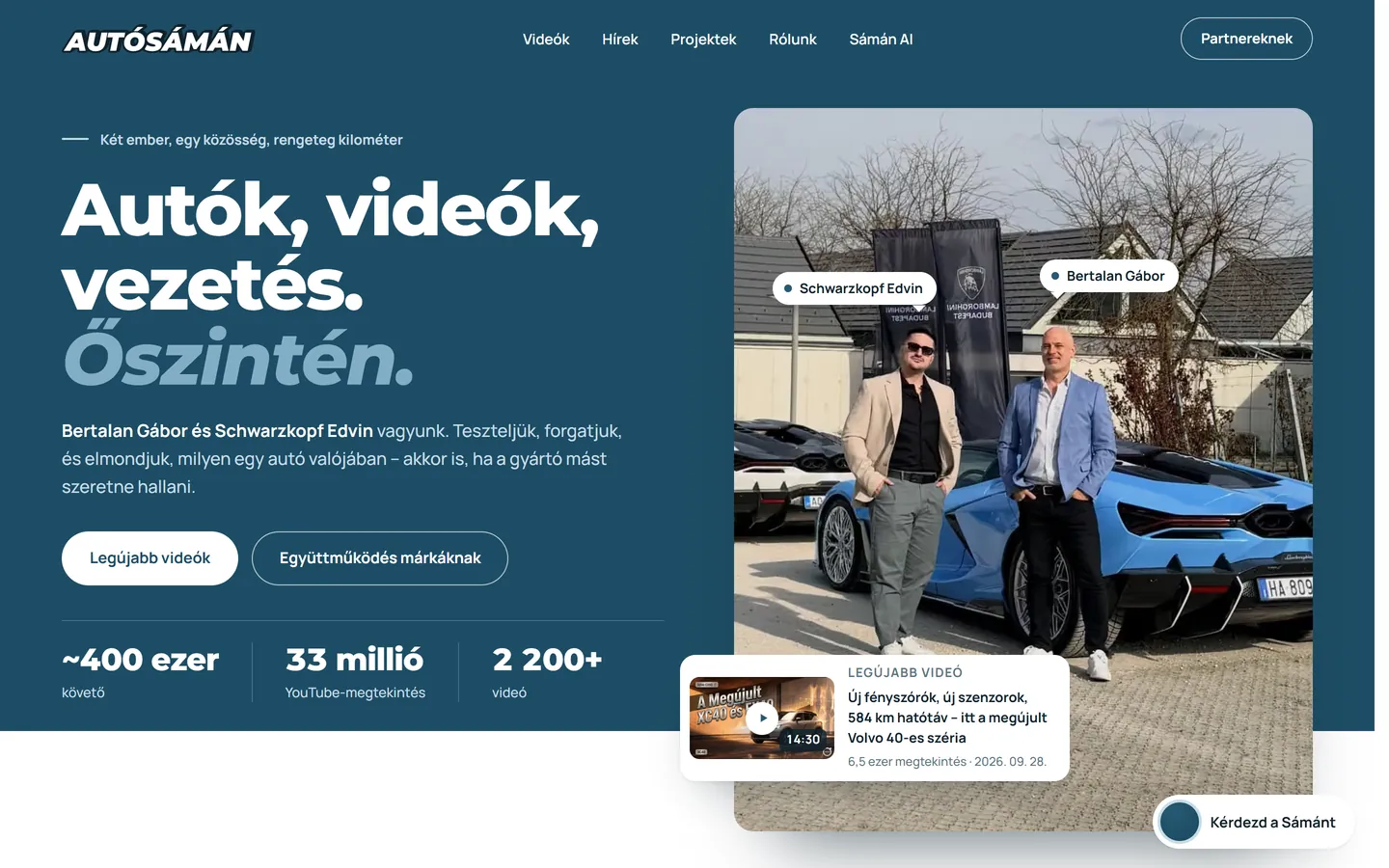 Az AutóSámán új weboldalának nyitóoldala