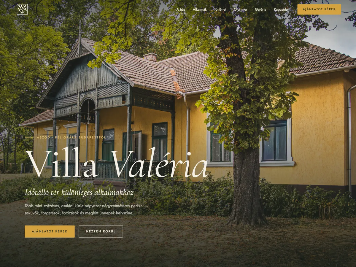 A Villa Valéria új weboldalának nyitóoldala