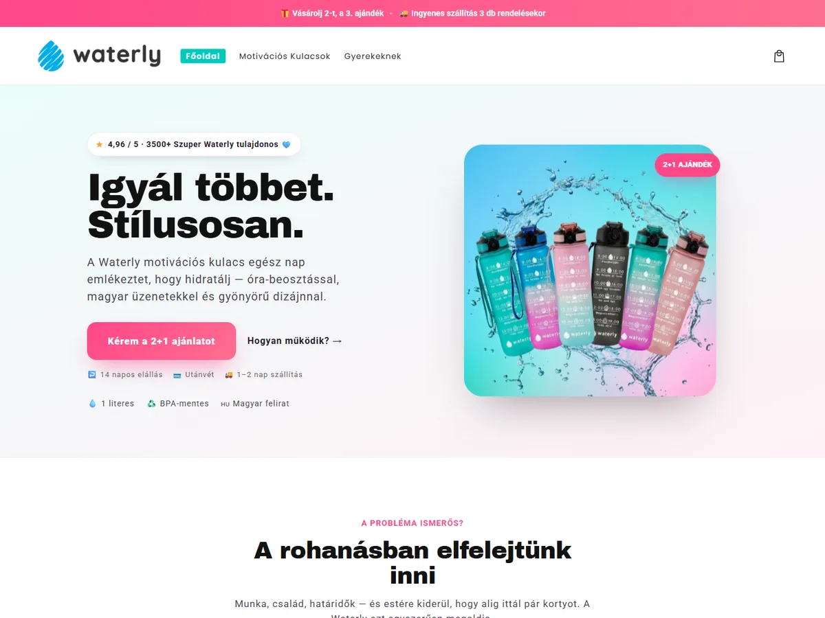A Waterly webshop nyitóoldala a motivációs kulacsokkal